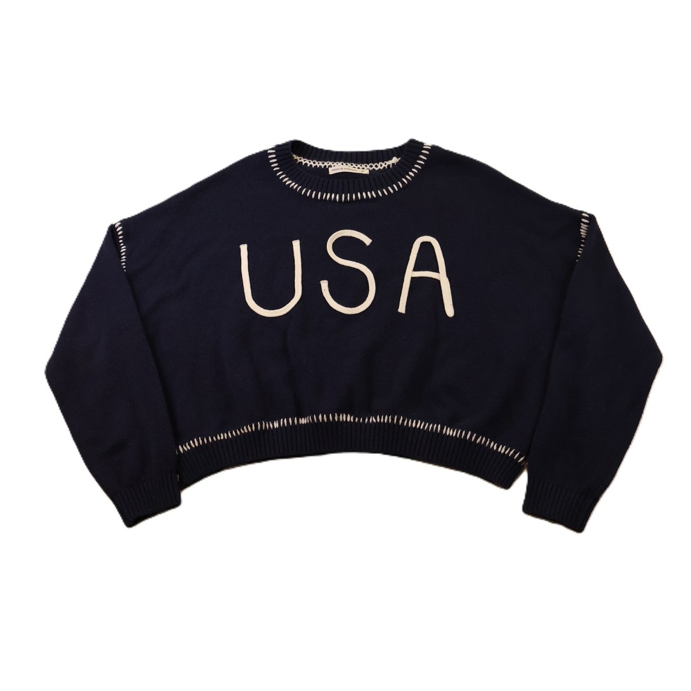 Moon & Madison Womens M USA Cropped Sweater Navy Blue Whipstitch ST23411